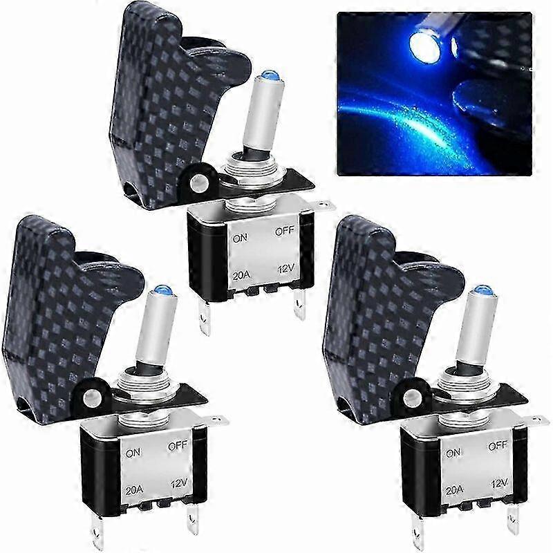 3Pcs Heavy Duty Racing Car Automotive Rocker Switch 12V 20A SPST On/Off LED Blue Illuminated 3Pin with Waterproof Safety Cover for Suitable