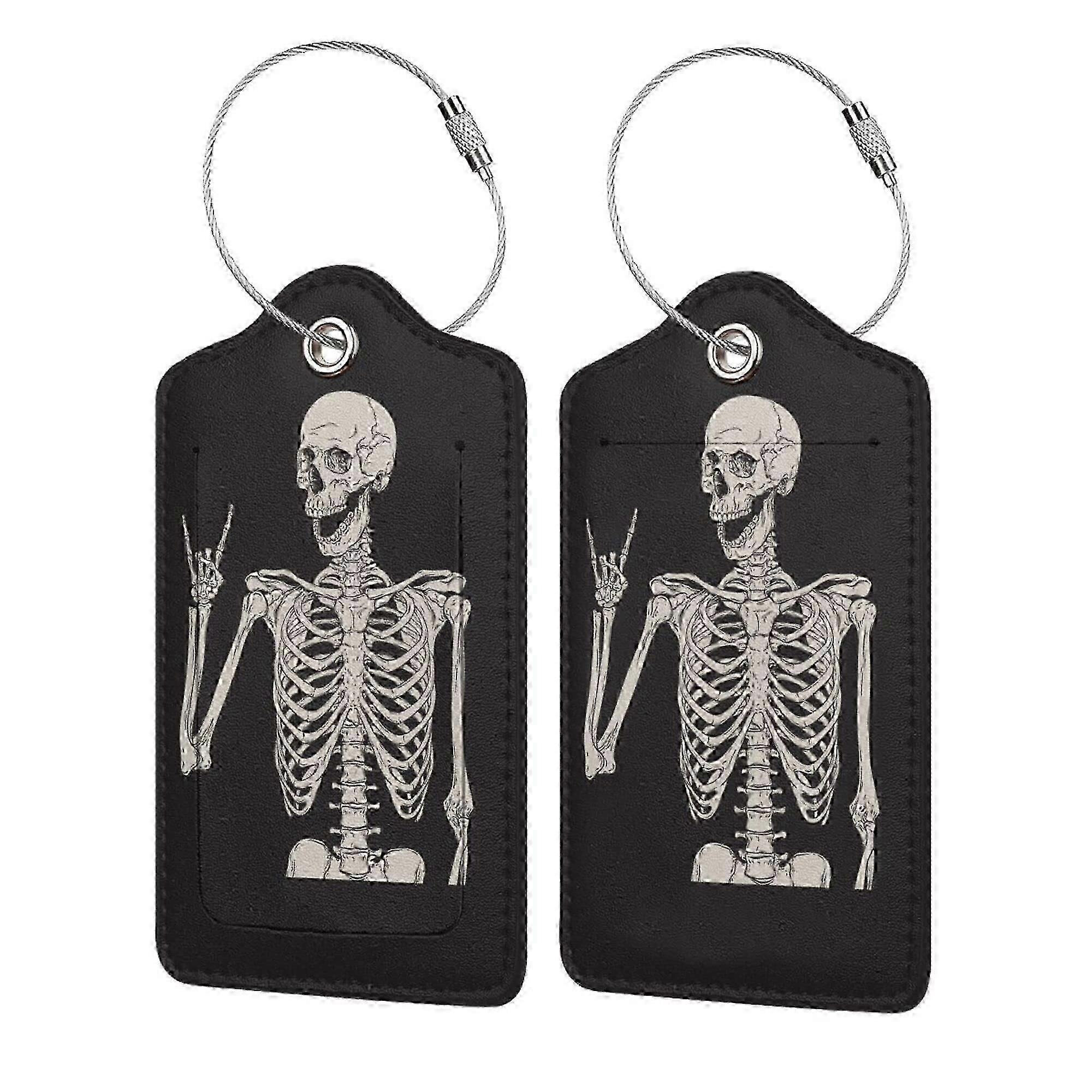 2 Pack Luggage Tags Skull Rock and Roll Cool Leather Travel Bag Labels for Adults Tourists
