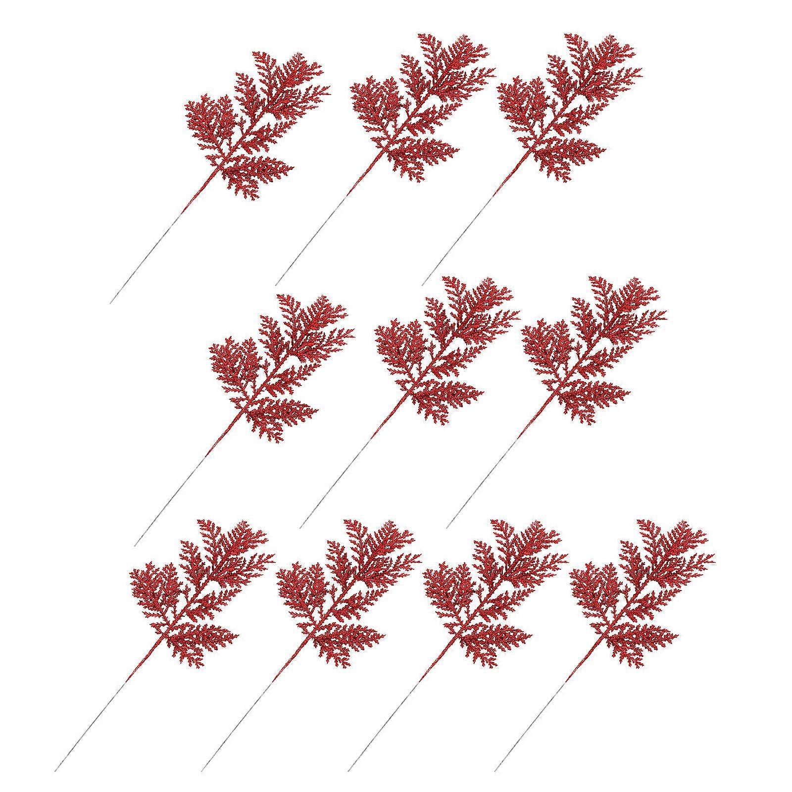 リース、ガーランド、ツリーの装飾用の10個の赤い人工クリスマスの葉–休日のDIYとお祝いの家の装飾のためのリアルな松の枝のアクセント