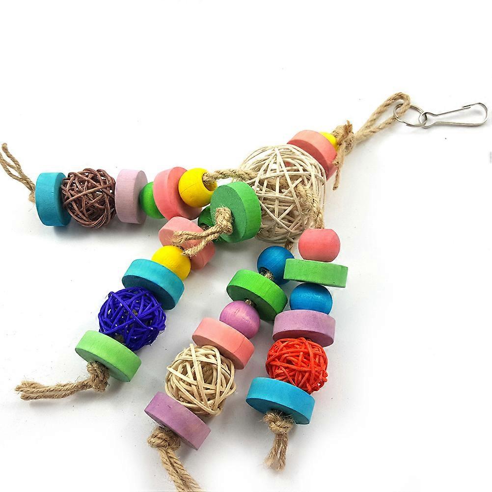 Hanging Parrot Toys Rattan Ball Wood Block Bite String Toy 2Pcs Multicolor