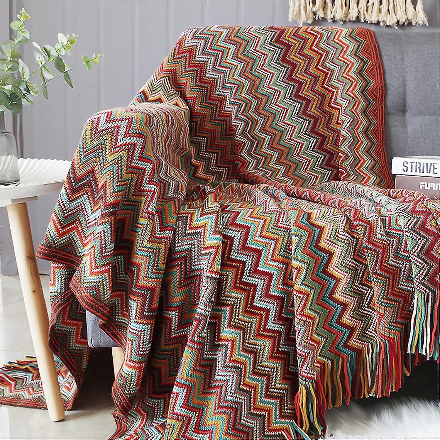 130x230cm Knitted Blanket with Fringe Bedspread Color Houndstooth Boho