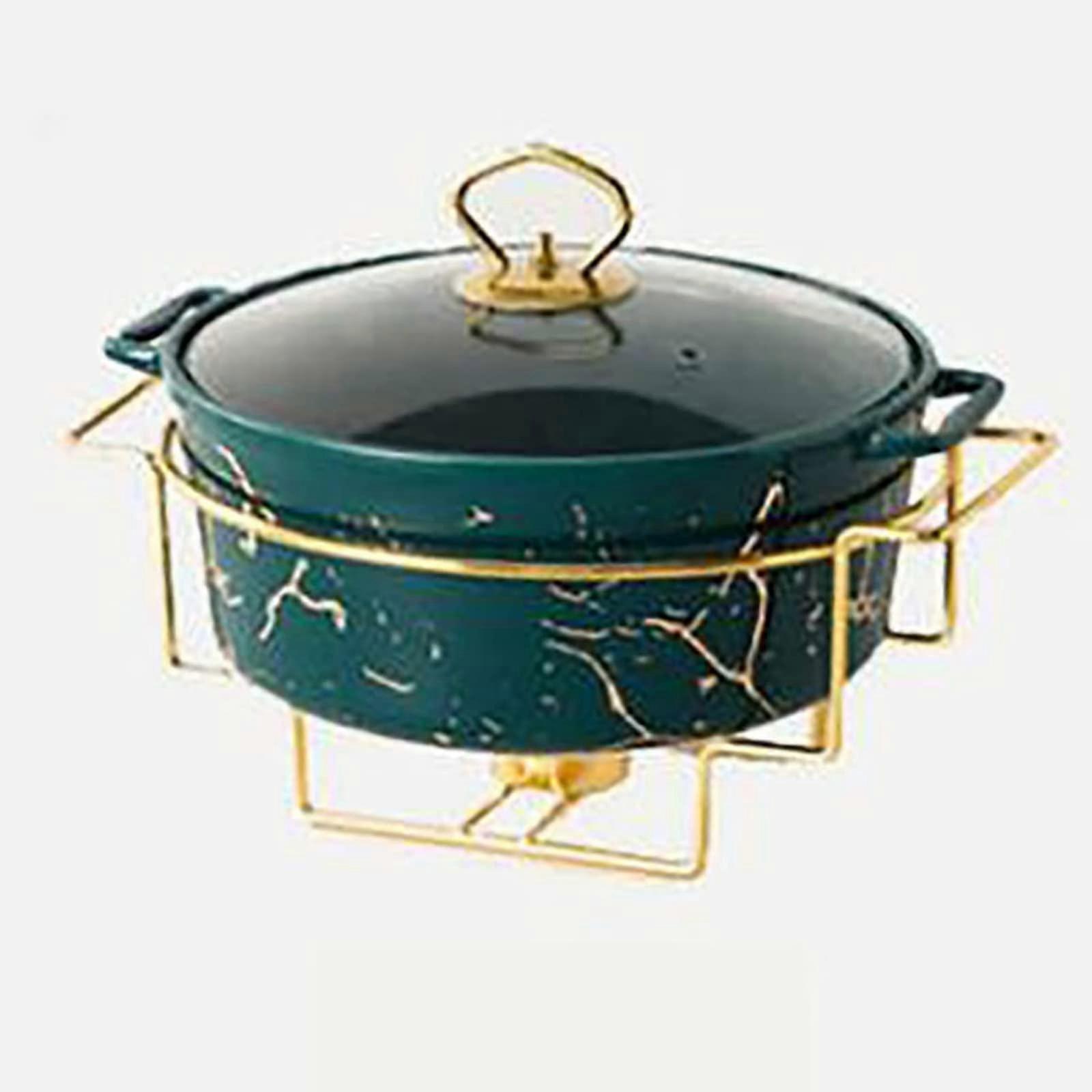 Ceramic Chafing Dish with Marble Finish, Glass Lid, Buffet Warmer Set (Green)