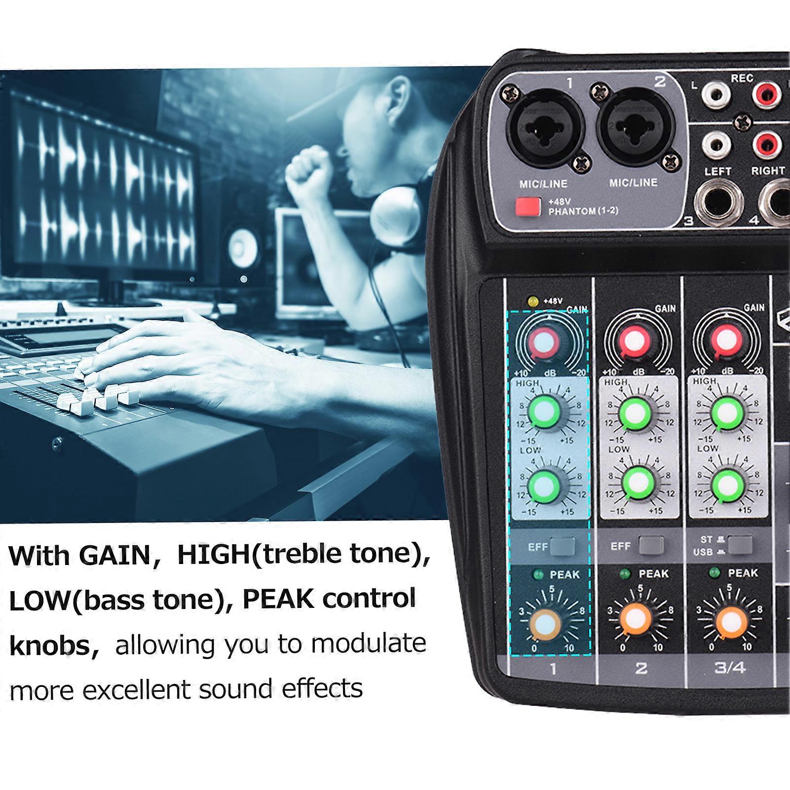 AI-4 Compact Mixing Console Digital o Mixer 4-Channel BT MP3 USB Input +48V Phantom Power for Music Recording DJ Network Live Broadcast Karaoke