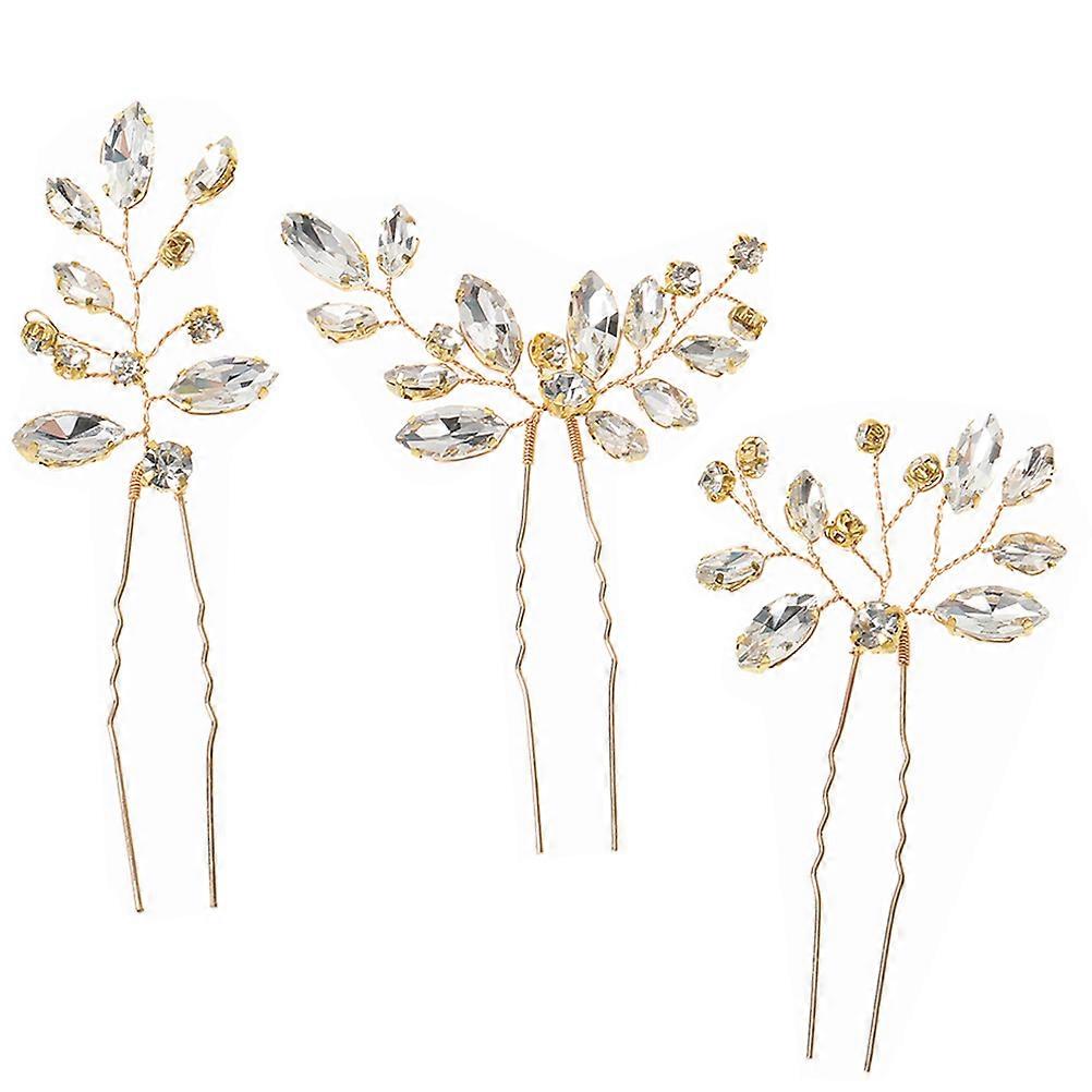 Golden Crystal Hairpins Set of 3 Pieces for Wedding Decorations with Metal and Crystal Details