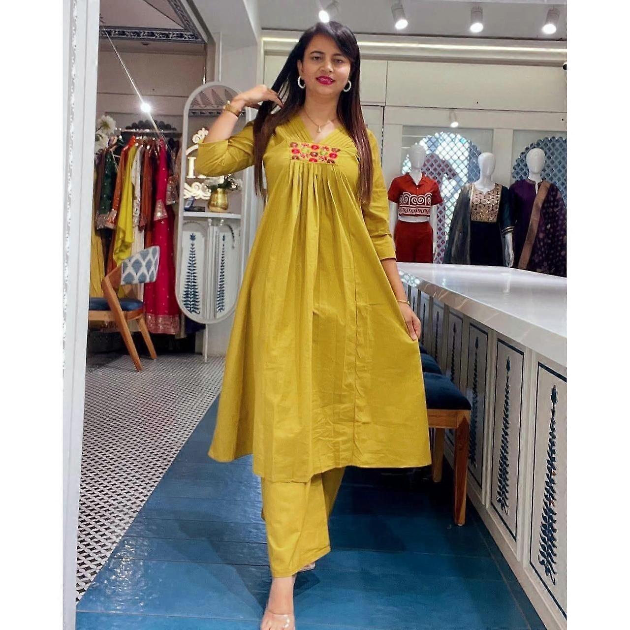 Indiska Kvinnor Designer Bomull Kurti Party Wear Topp Tunika Kurta Byxa Set Klänning VSO-1761 c