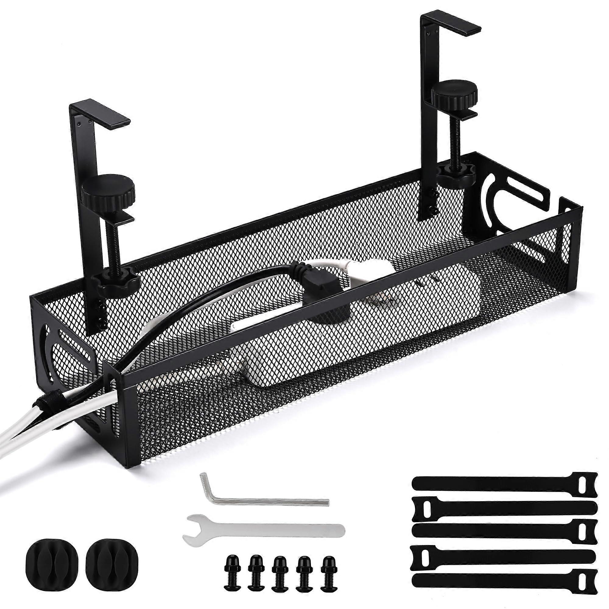 Under Desk Cable Management Tray - Metal Clip-on Organizer for Power Cords, Sturdy Design, Easy Installation, Ideal for 2-L Black