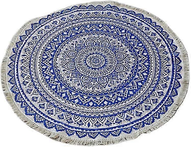 Tassel Rug Round Area Rug Polyester Hand Woven Print Floor Mat Non-Slip Washableblack