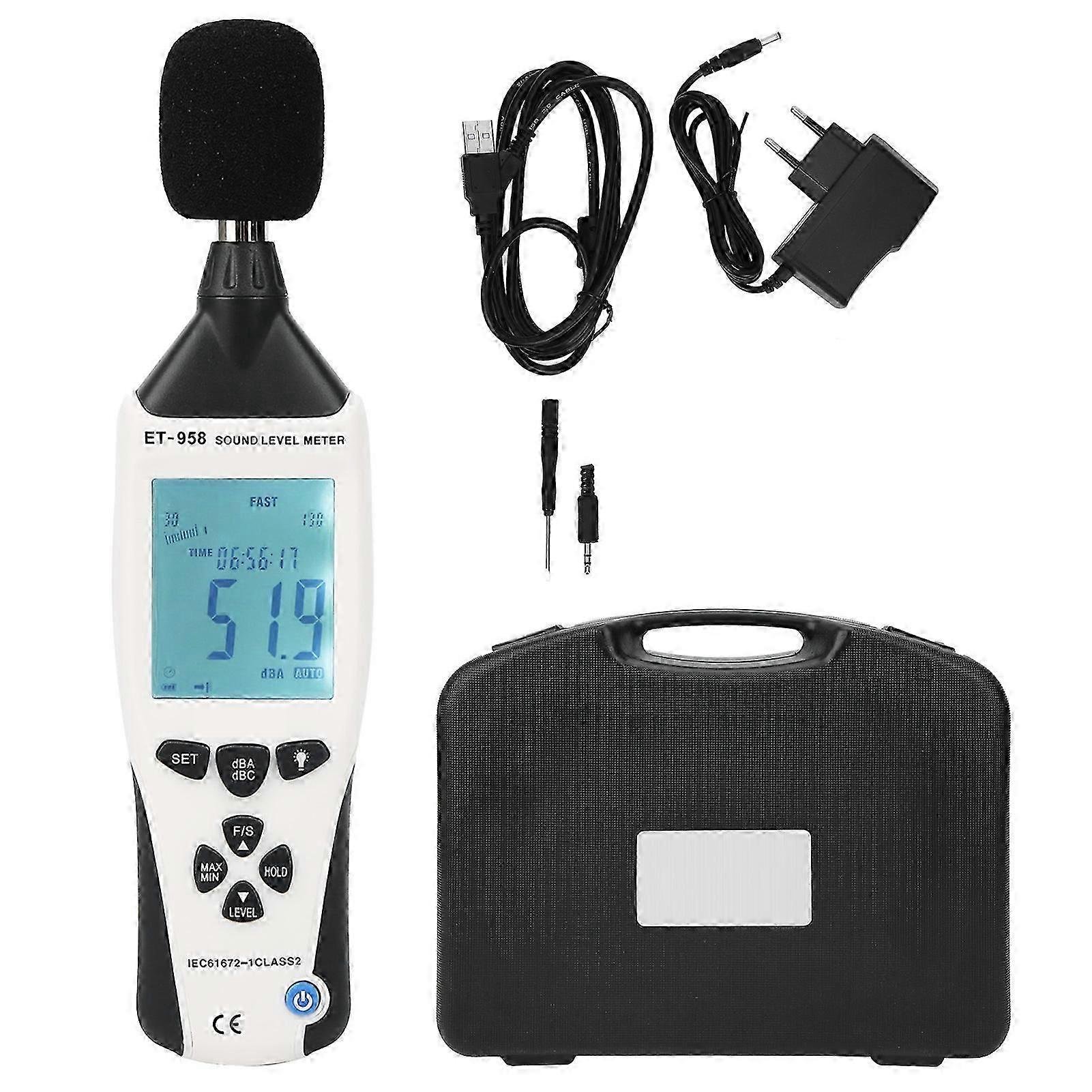 For ET?958 Noise Meter Measurement Digital Sound Level Meter Monitor with USB EU AC100?240V