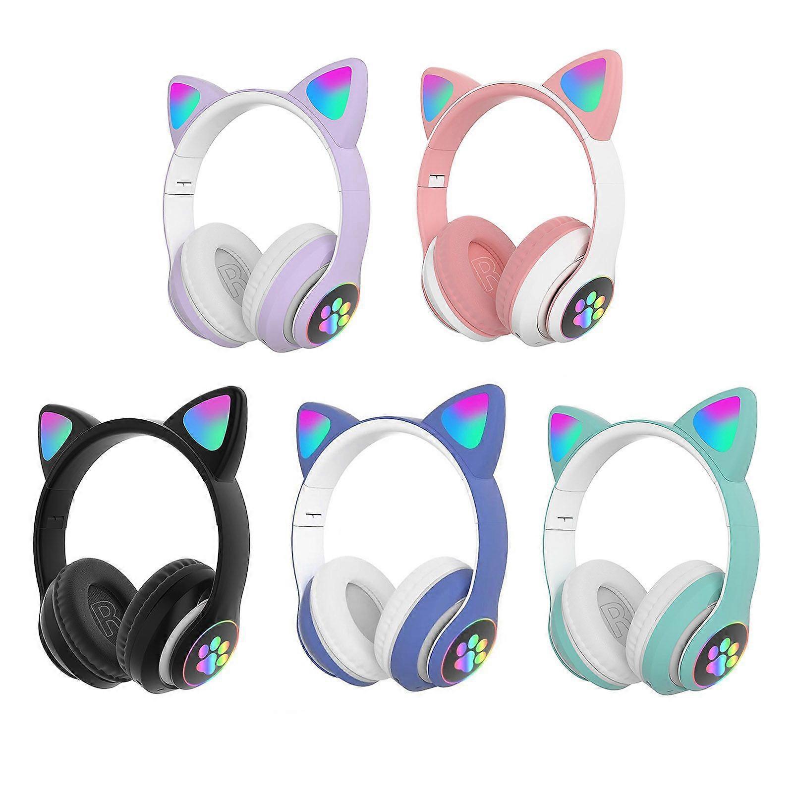 STN-28 Over Ear Music Headset Glowing Cat Ear Headphones Foldable Wireless BT5.0 Earphone with Mic AUX IN TF Card MP3 Player Colorful LED Lights for P
