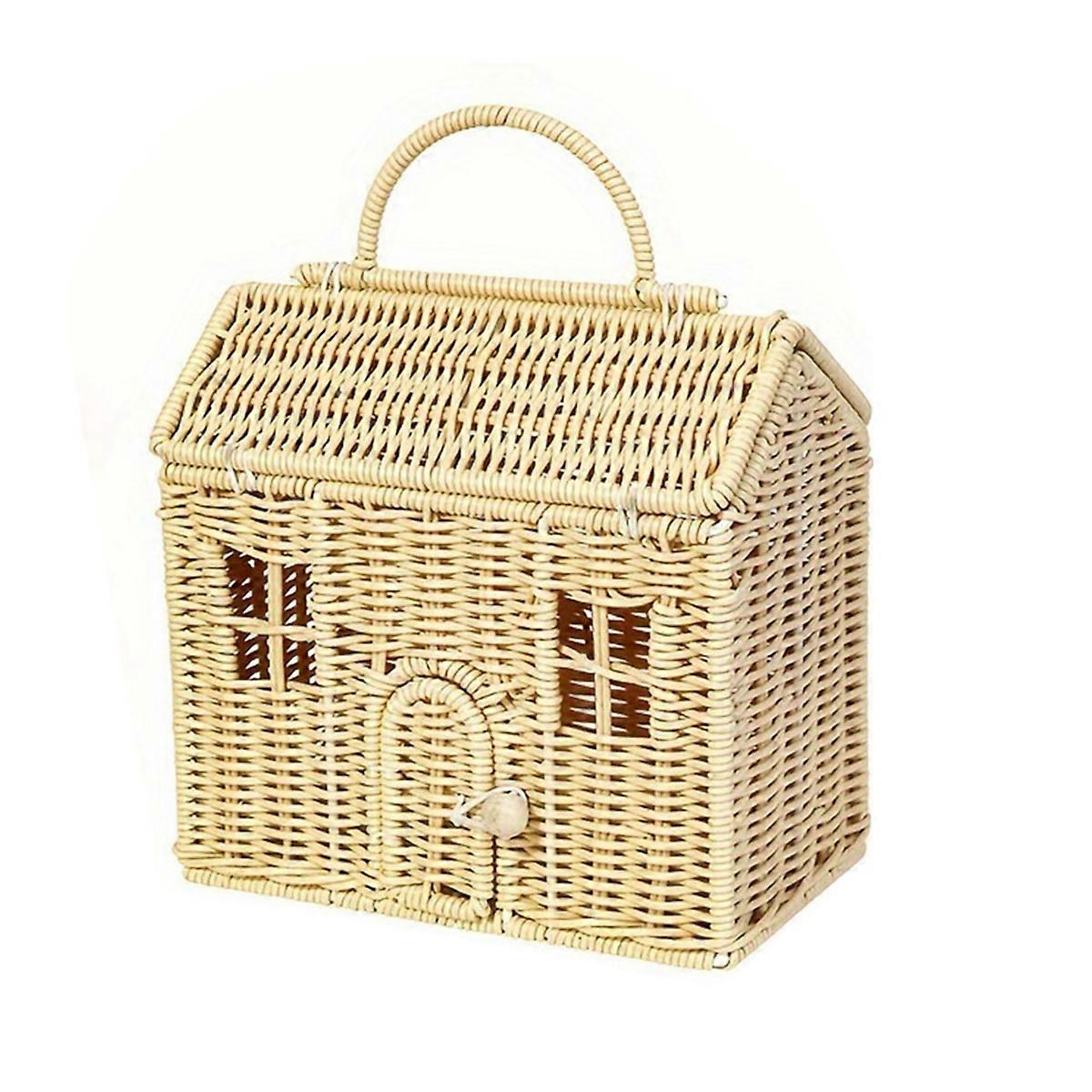Rattan House Shaped Basket with Lid Shelf Organizer