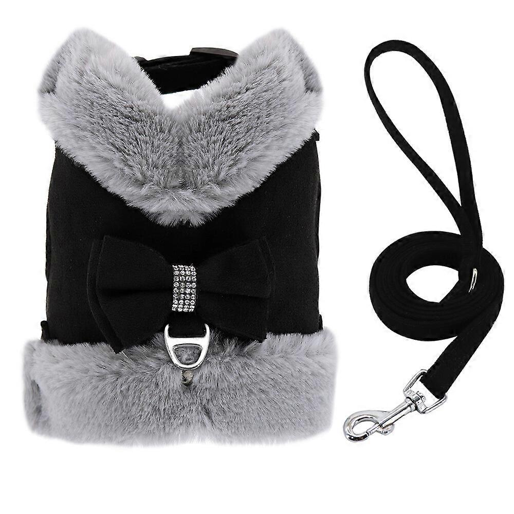 Warm Dog Harness Lead Set Soft Adjustable Fleece Pet Puppy Vest with Fur Collar