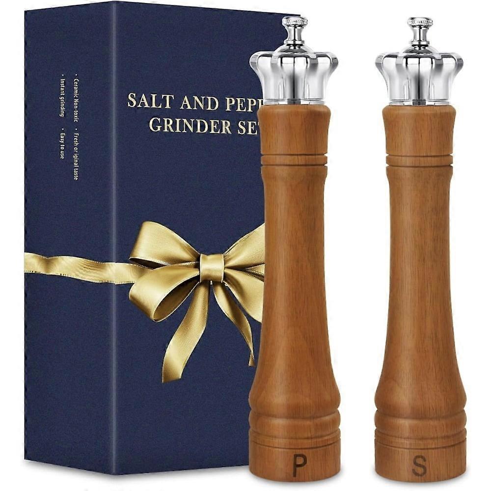 2 Pack 10" Wood Salt & Pepper Grinder Set, Compatible with Refillable Spices, Adjustable Ceramic Core, Elegant Kitchen Decor