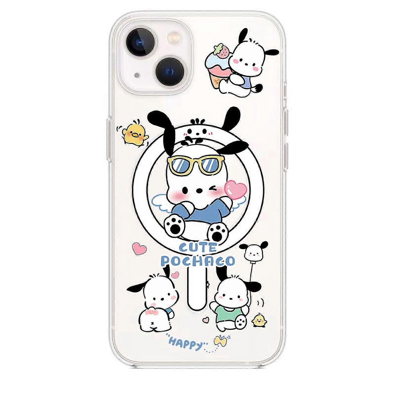 Capa Sanrios Pochacco para celular Magsafe com suporte magnético compatível com iPhone 15, 14, 13, 12, 11 Pro Max Plus, capa traseira transparente resistente a quedas