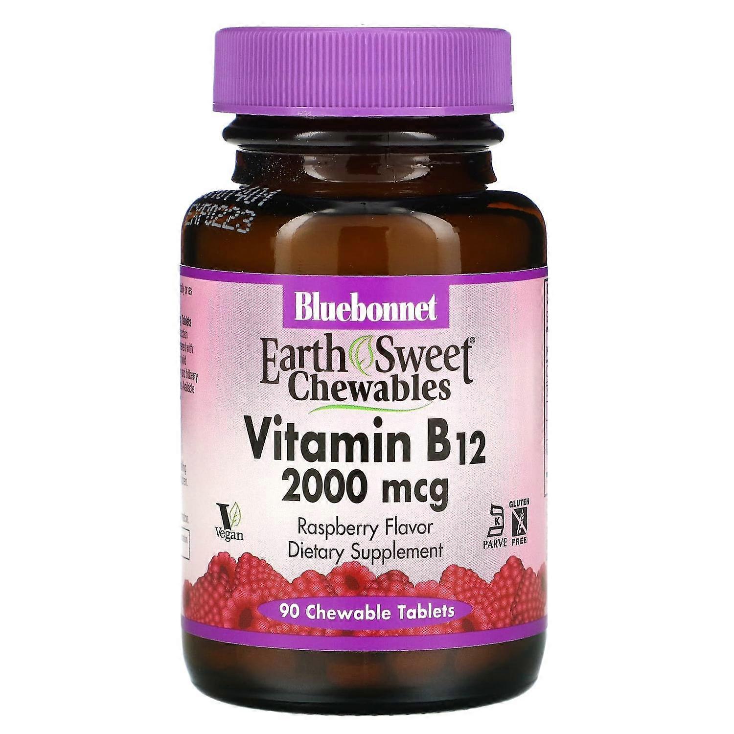 Bluebonnet Nutrition, EarthSweet Chewables, Vitamin B12, Raspberry , 2,000 mcg, 90 Chewable Tablets