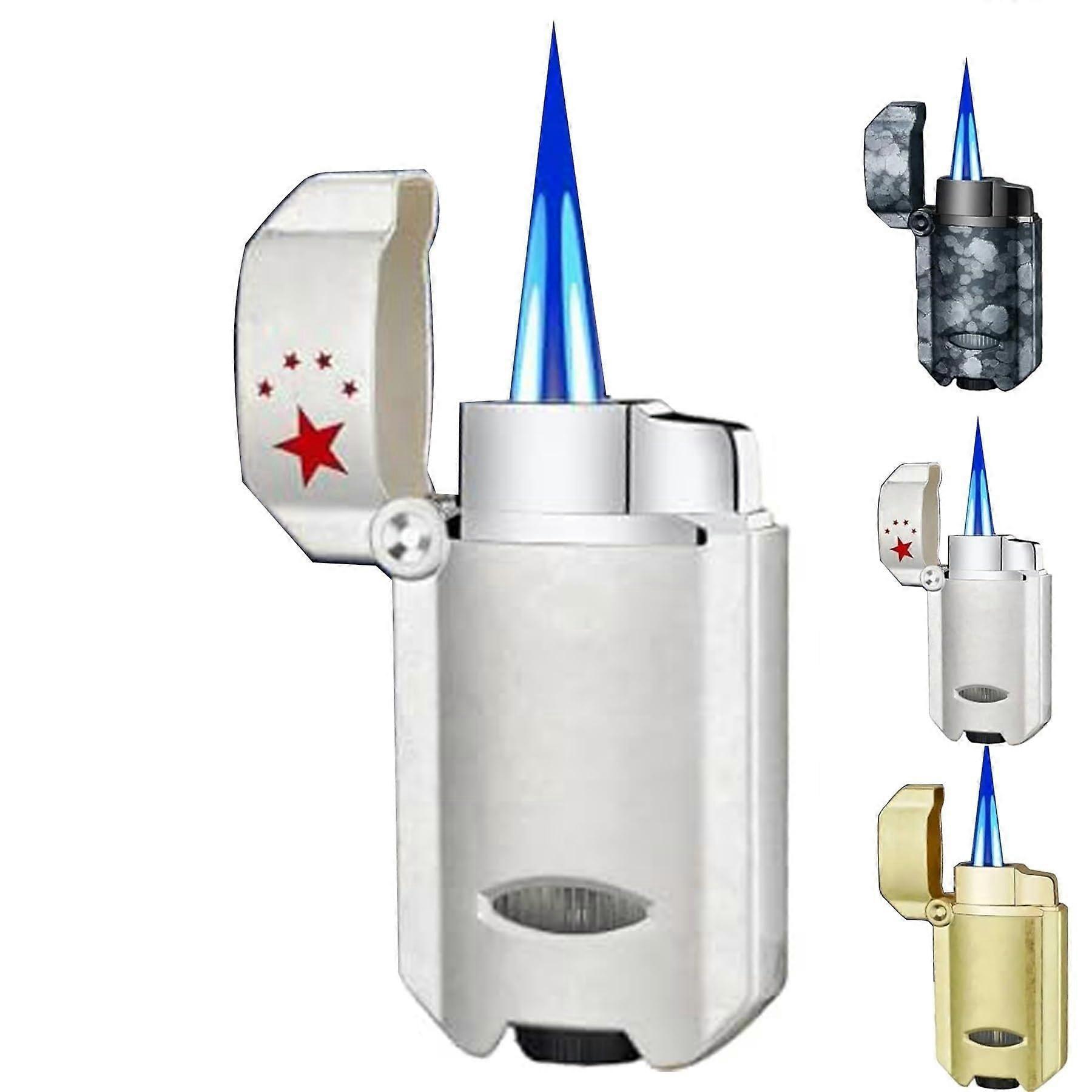 Windproof Jet Dual Flame Lighter Metal Flip Retro Knurled Lighters With Visible Gas Window Refillable Butane Silver