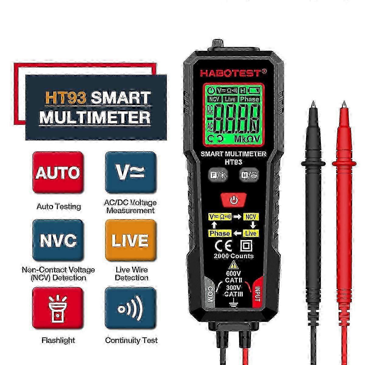 HABOTEST HT93 Digital Multimeter Voltage Tester 2000 Counts Volt Meter Ohmmeter Auto-Ranging Accurately Measures AC/DC Voltage Resistance with NCV Liv