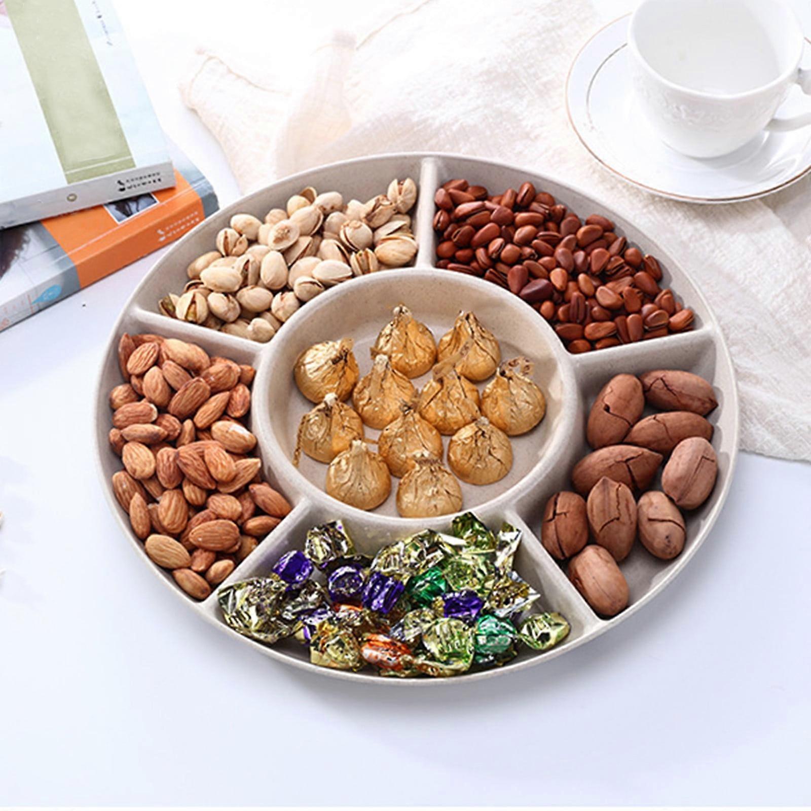 Qdahuk Wheat Straw Round Snack Tray, 5-Compartment Organizer for Nuts, Dried Fruit, Candy - Beige (Compatible with standard storage)
