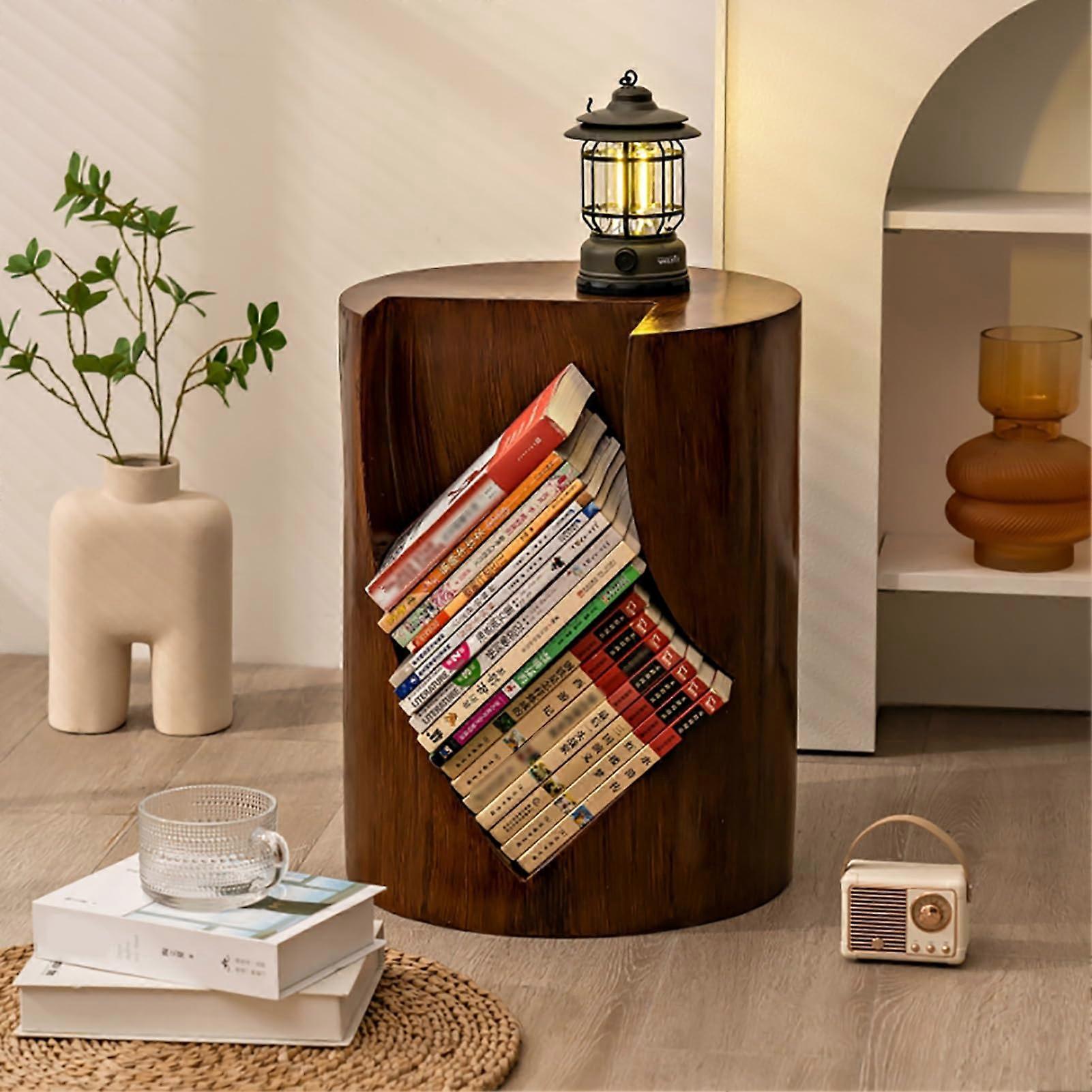 Tree Stump Side Table with Storage, Round Wooden End Table Nightstand for Living Room Bedroom Garden