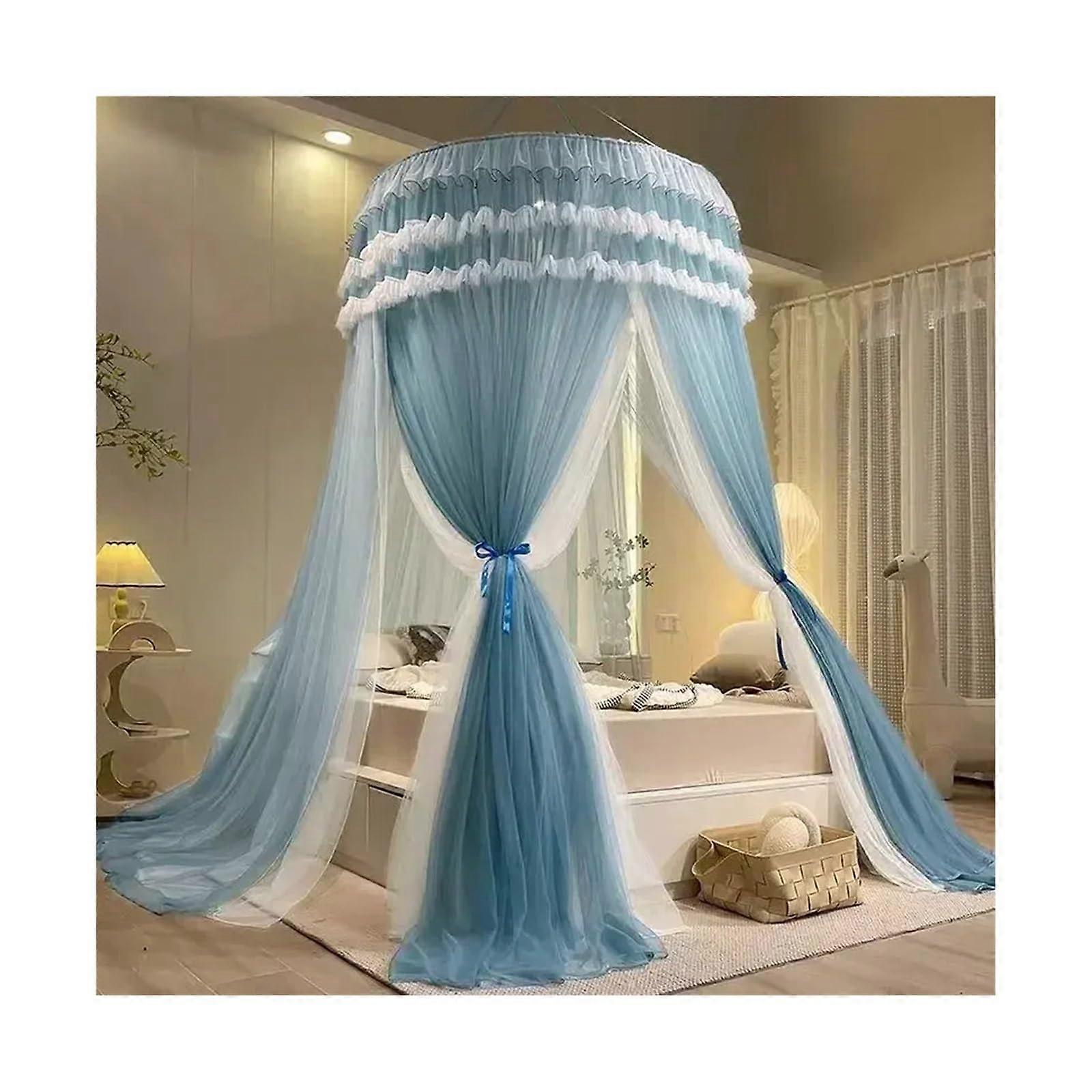 Mosquito Net Bed Canopy Double Layer Dome with Full Insect Protection Adjustable Height Blue 1.8x2m