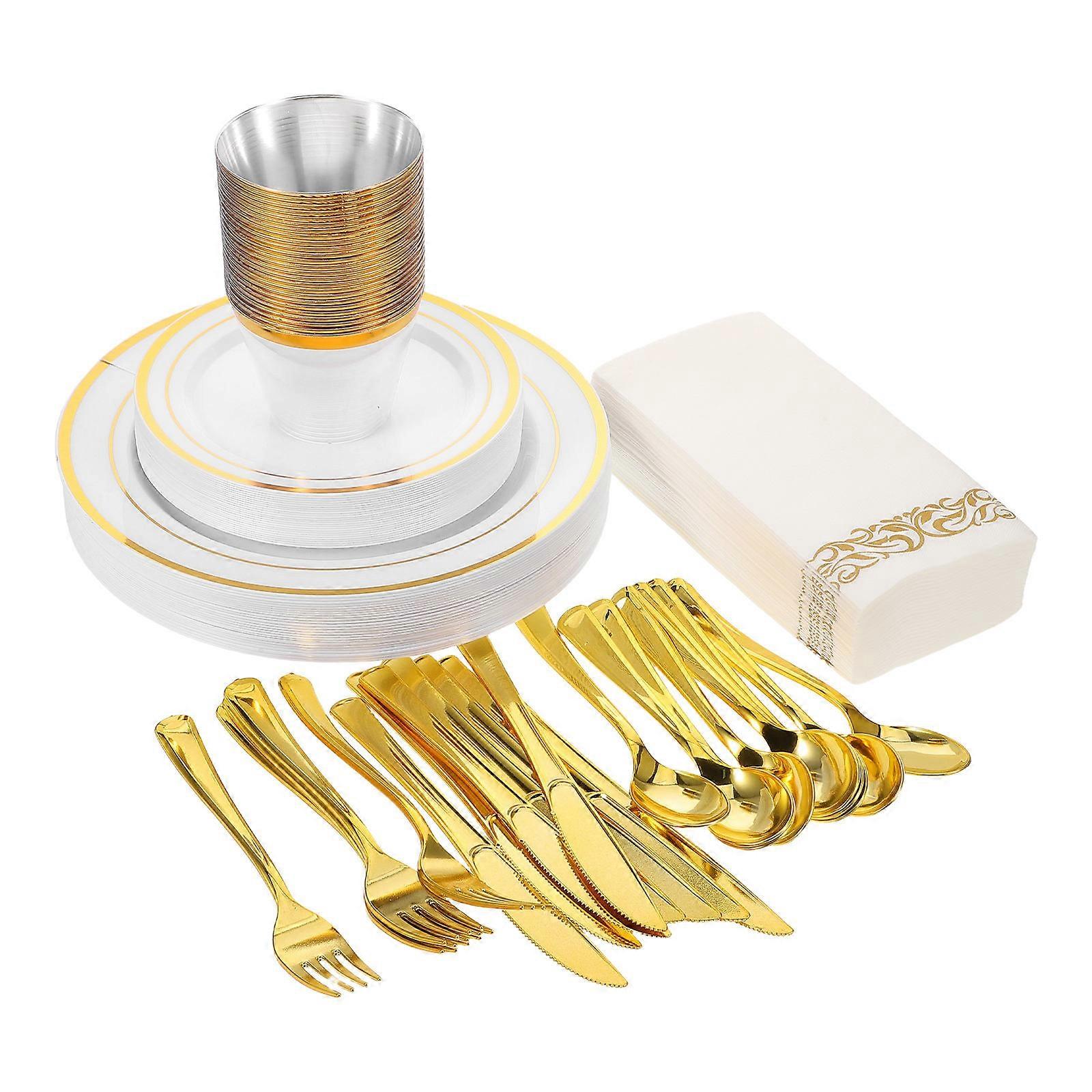 Plastic Plates and Gold Utensils Set for Party Use 25Sets