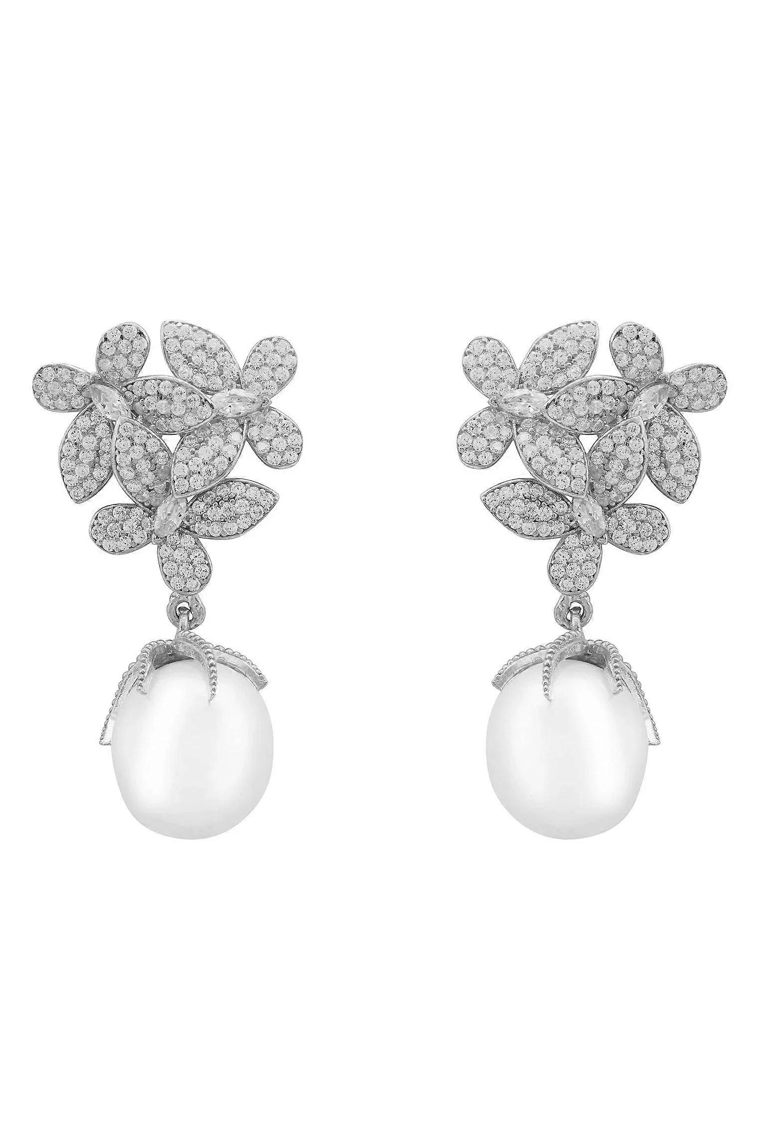 Latelita Women's 925 Silver Flowers Pearl Earrings with Cubic Zirconia and Pearl Danglers - 3.5cm x 1.9cm
