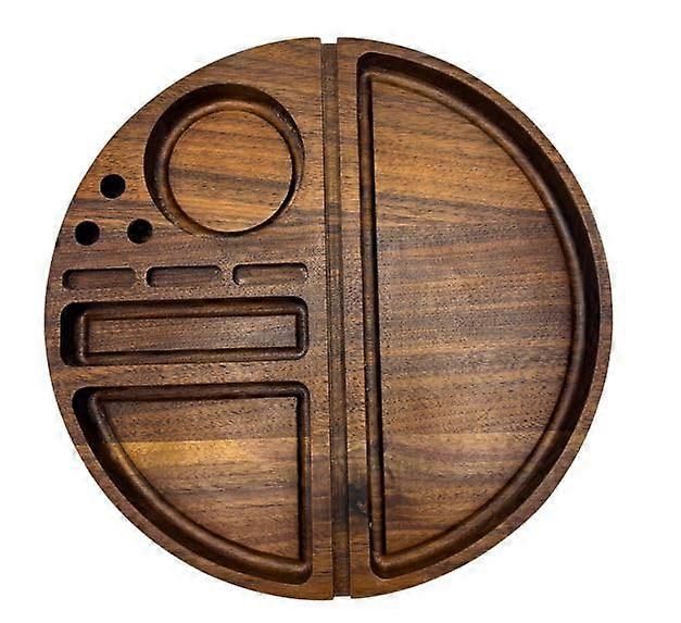 8.5 Inch Walnut Rolling Tray with Sections, Round Wooden Serving Tray with Raised Edge