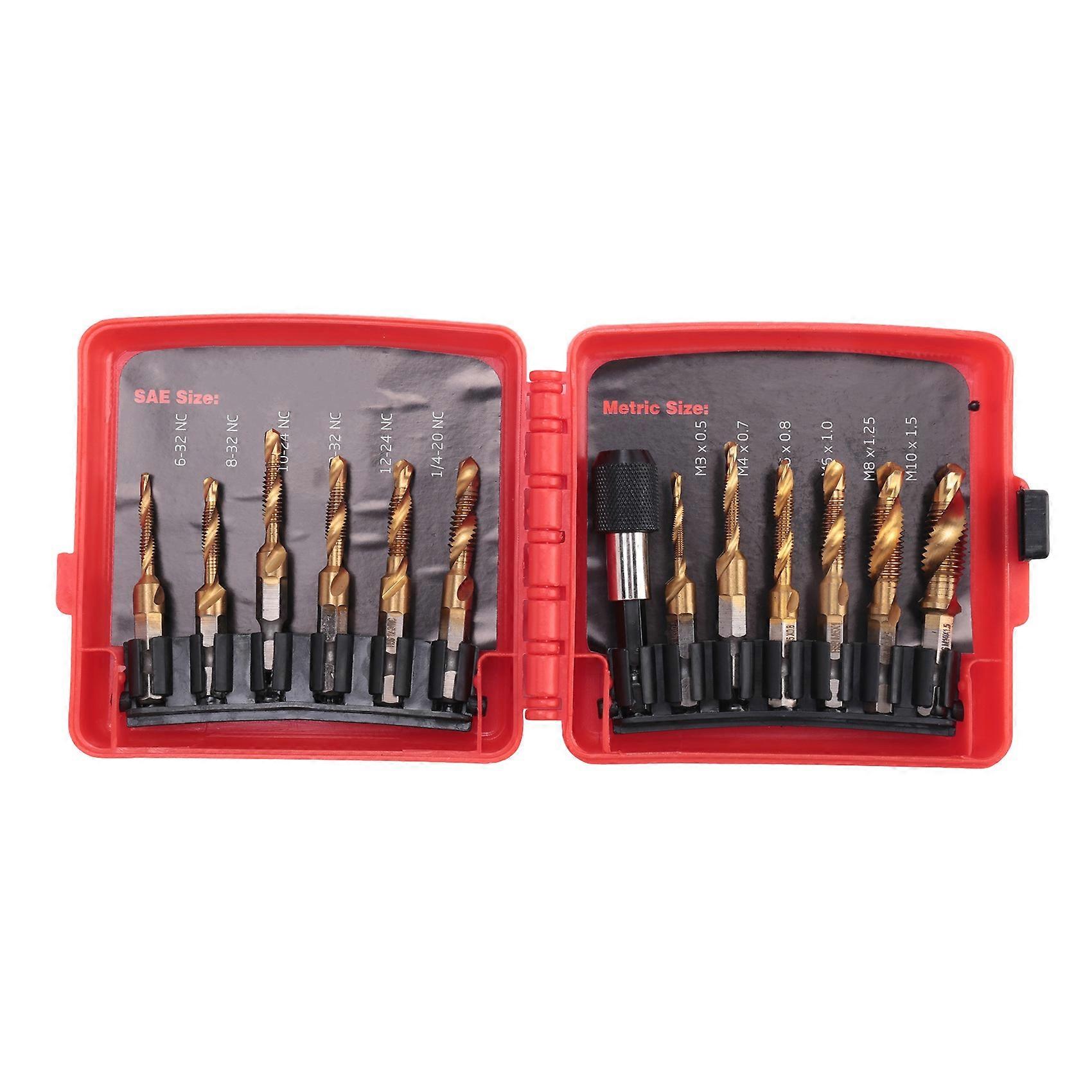 Titanium Combination Drill Tap Bit Set 13PCS SAE and Metric Tap Bits Kit for Screw Thread Drilling Tapping Deburring