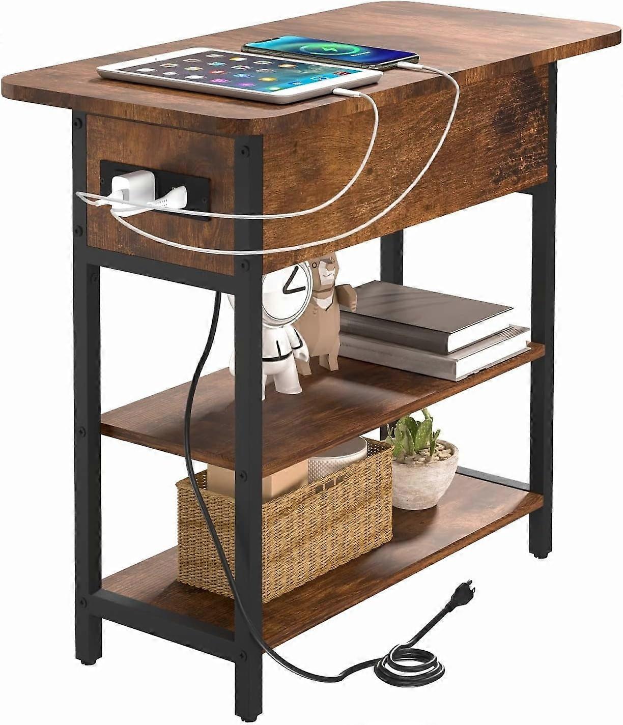 Side table with charging station, reversible side table with USB port and socket