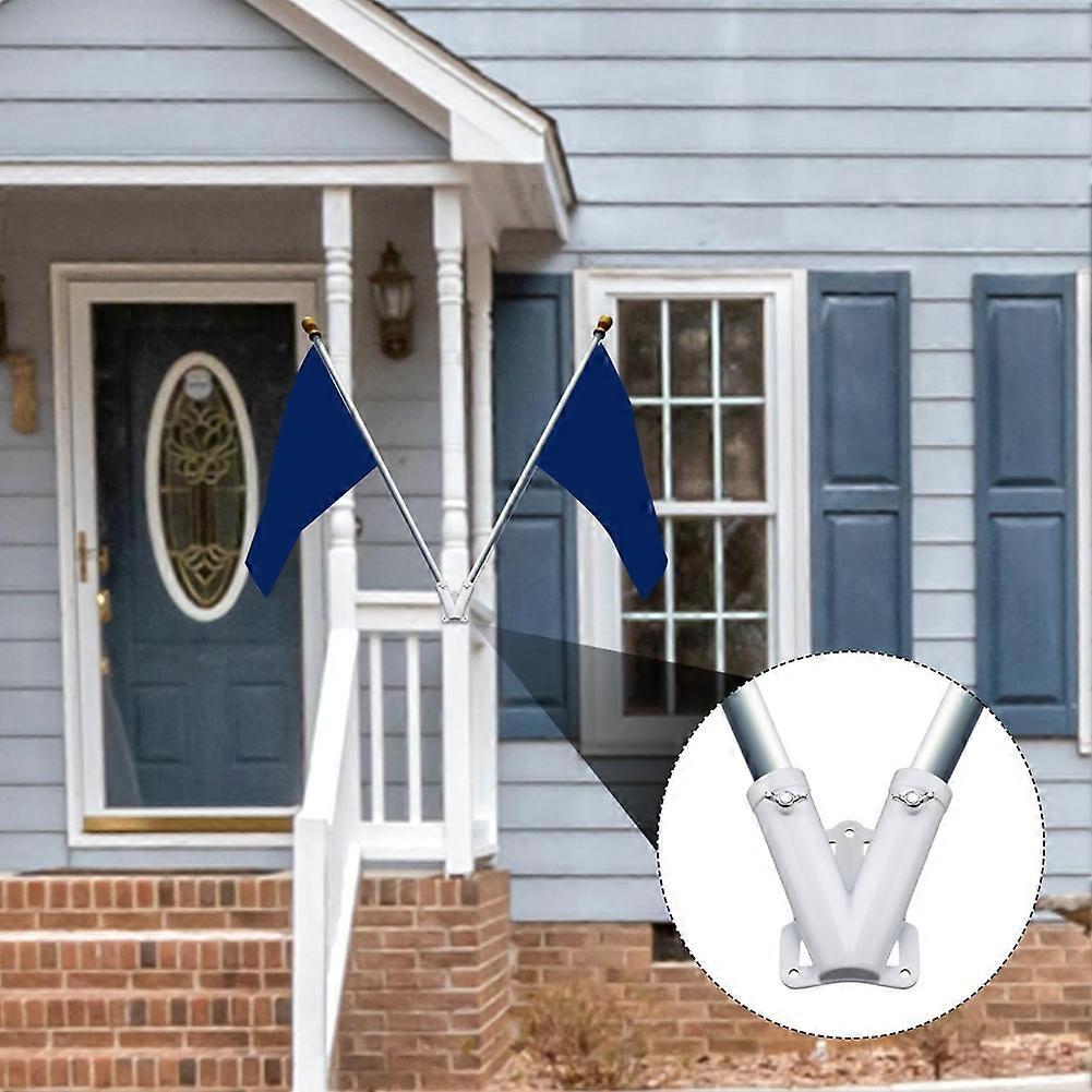 Double FlagPole Bracket Holder, V Shape Aluminum Alloy Flagpole Wall Mount Bracket Windproof Flag Bracket Mounting