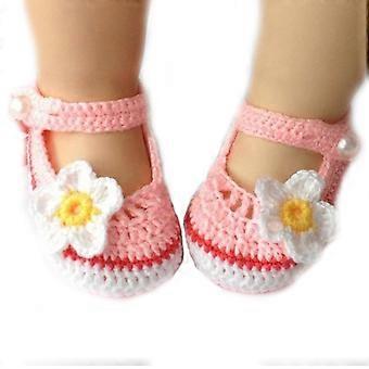 Cartoon Flower Style Baby Newborn Toddler Infant Girls Hand-knitted Wool Crochet Shoes Crib Shoes (White+Pink)