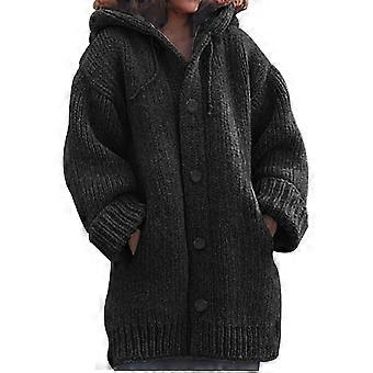 Women Hooded Knitted Sweater Mid-length Button Down Sweater Wool Coat