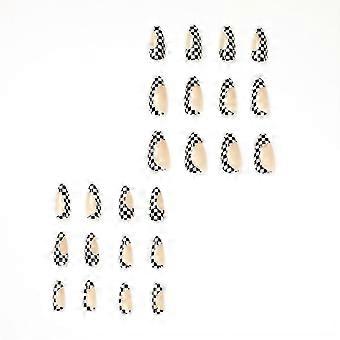24pcs Black Checkerboard Fake Nails Long Pointed Head Sweet Style Press On Nails