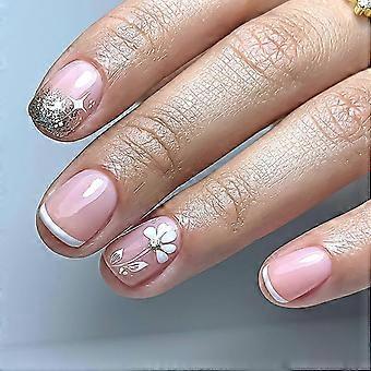 Short French Press On Nails, Coffin & Square White Glossy with Flower Design, Reusable 24Pcs