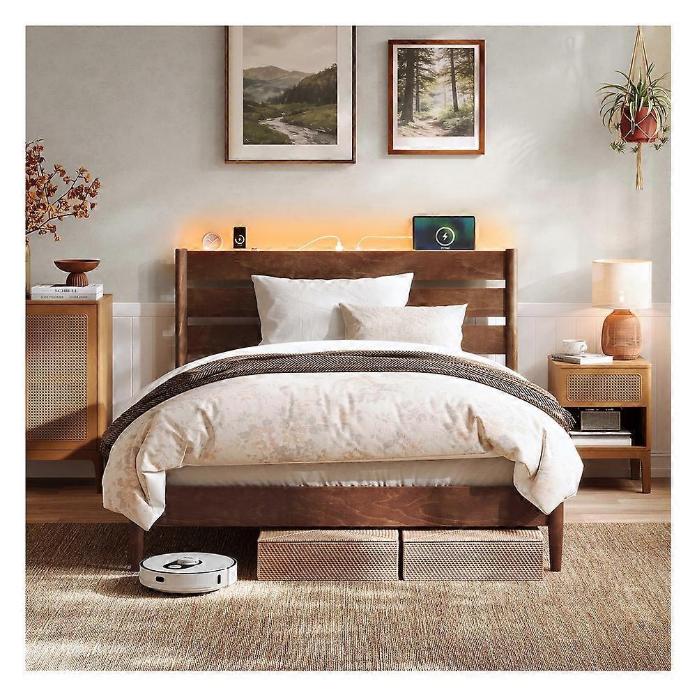 Full Bed Frame, Coffee Brown, LED Headboard, Storage Shel