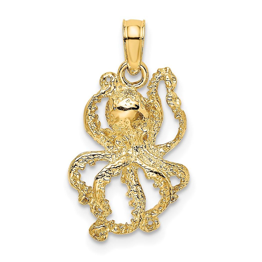 11.75mm 10k Solid Yellow Gold 2 d Textured Octopus Charm Pendant Necklace for Women - 1.0 Grams