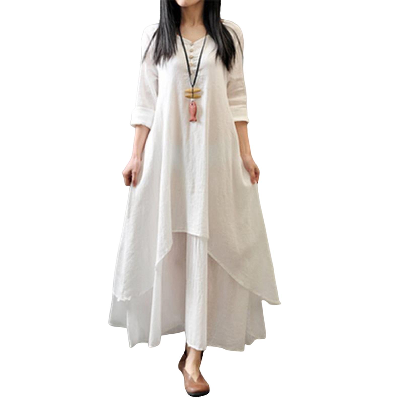 Naisten Art Retro pitkähihainen mekko Loose Fit Pitkähihainen puuvillainen pellavamekko 7 Kokovaihtoehdot M/l/xl/2xl/3xl/4xl/5xl