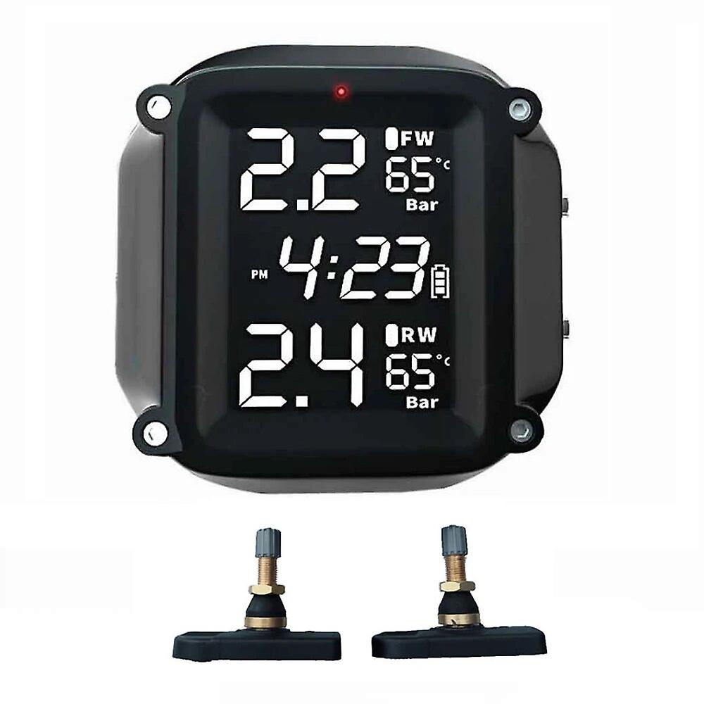 Wireless Motorcycle Tpms Tire Pressure Monitoring System 2pcs External Sensor Lcd Time Display Tyre Temperature Monitor Alarm