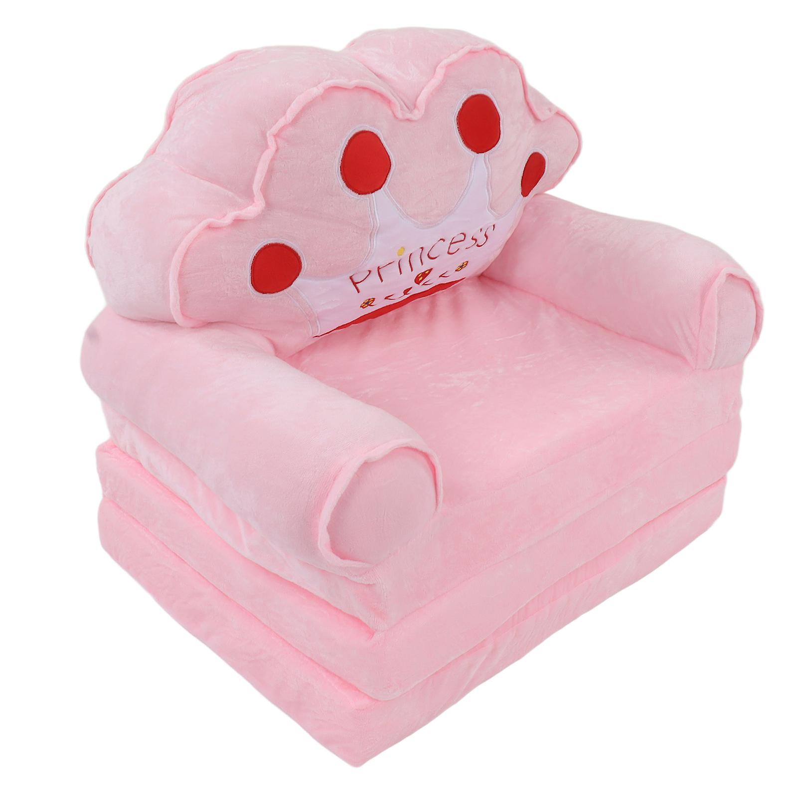 Foldable Kids Sofa 2 in 1 Flip Open Cute Sofa Bed for Living Room Bedroom Crown Pattern Pink 3 Layers