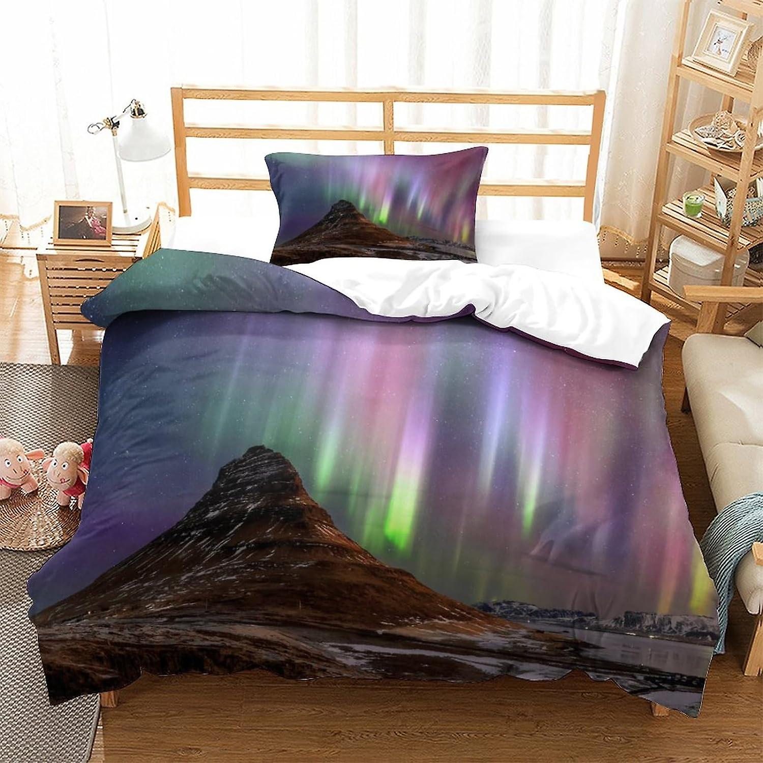 Northern Lights Bedding Set 3D Aurora Borealis Duvet Cover Set, Soft 100% Microfiber Bed Set 2Pcs, Print Single Double King Size Microfibre Duvet Cove