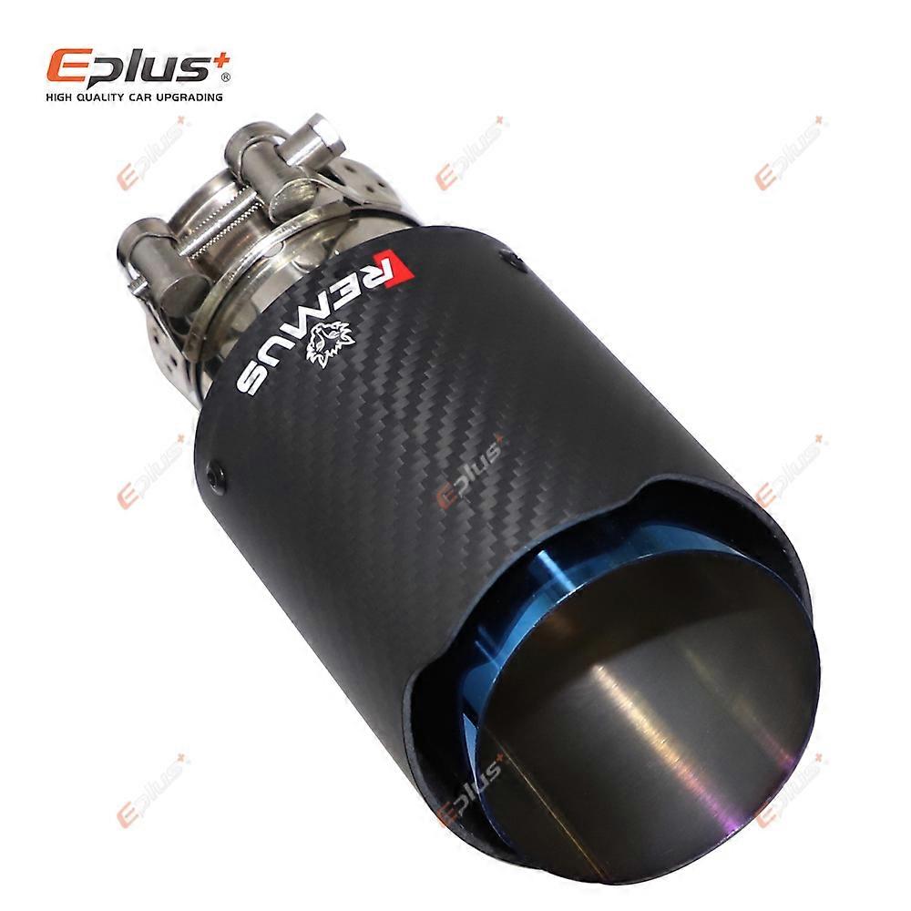 Glossy Carbon Fiber REMUS Style Exhaust Tip With Blue End - Universal Fit 76-114mm Outlet