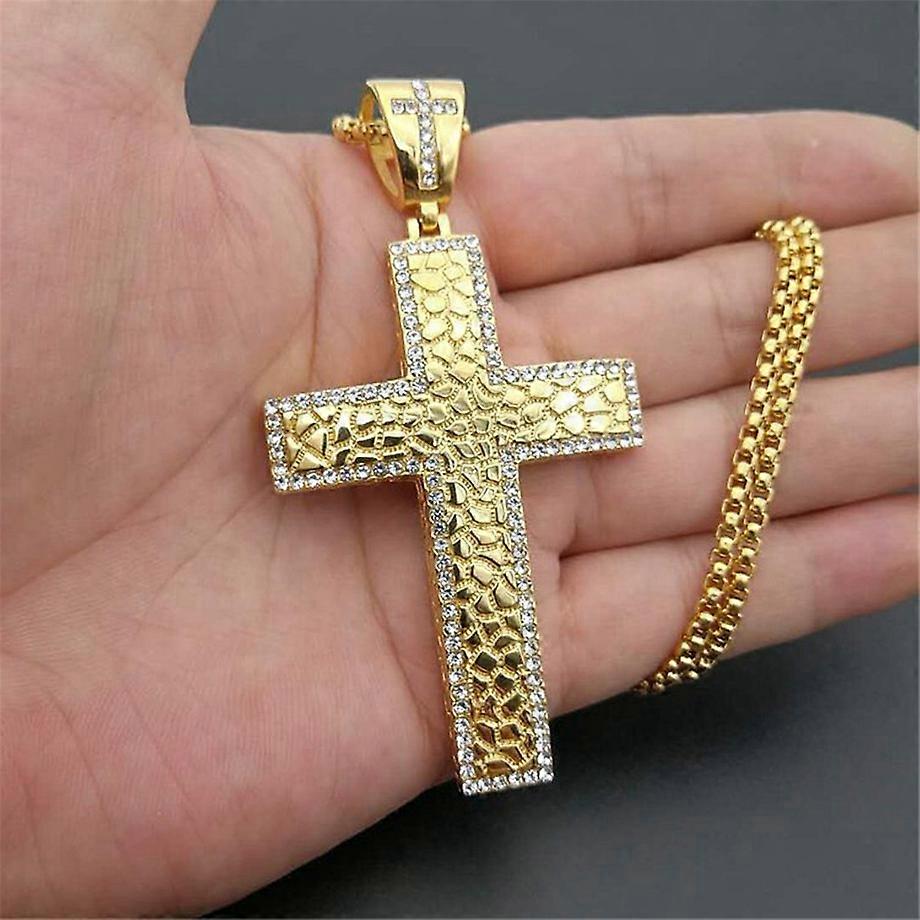 Iced Out Cz Large Big Cross Pendant With Chain Gold Color
