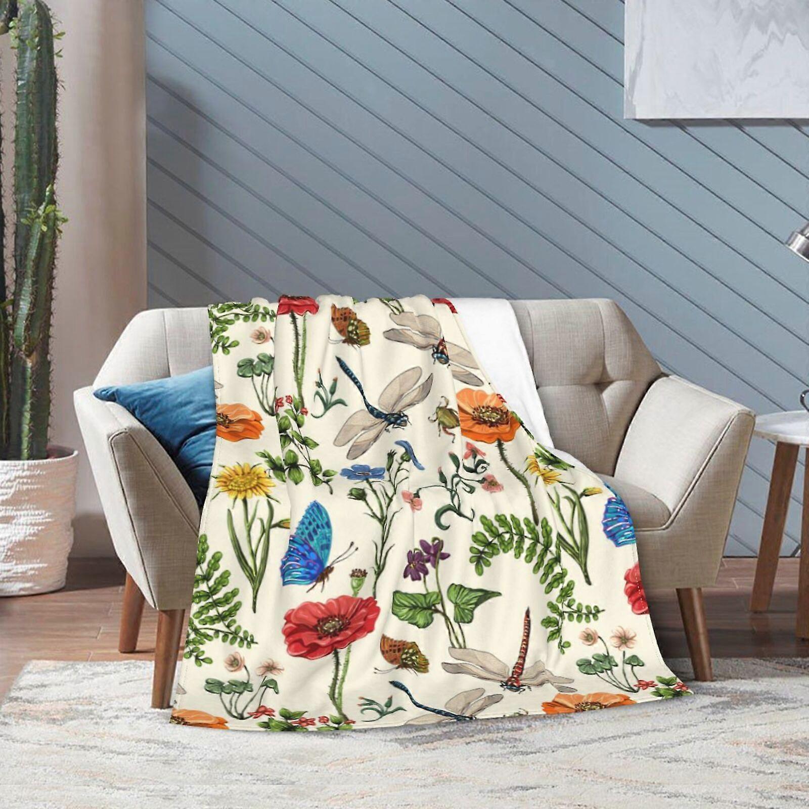 Butterfly and Dragonfly Flower Throw Blanket for Couch Bed Travel Sofa All Seasons Flannel Blankets Soft Durable Lightweight 40 x 30 Inches