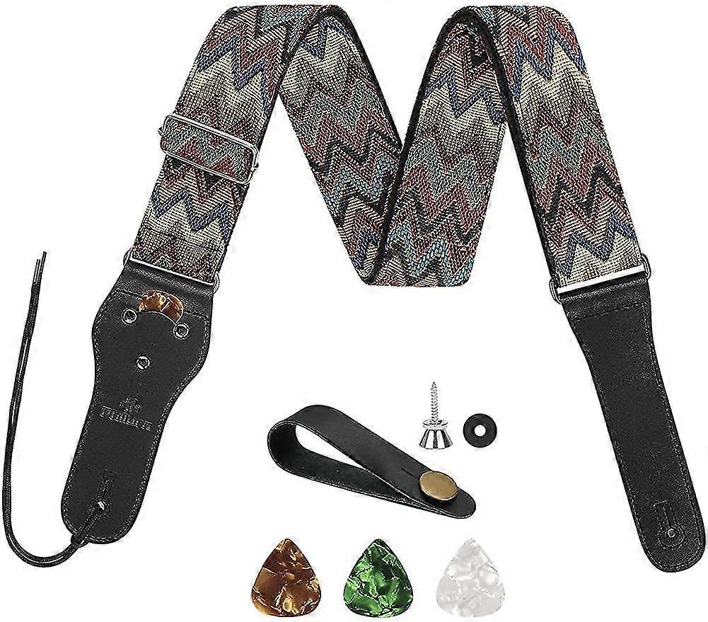 Guitar Strap Adjustable Genuine Leather Ends Jacquard Weave Bass Strap