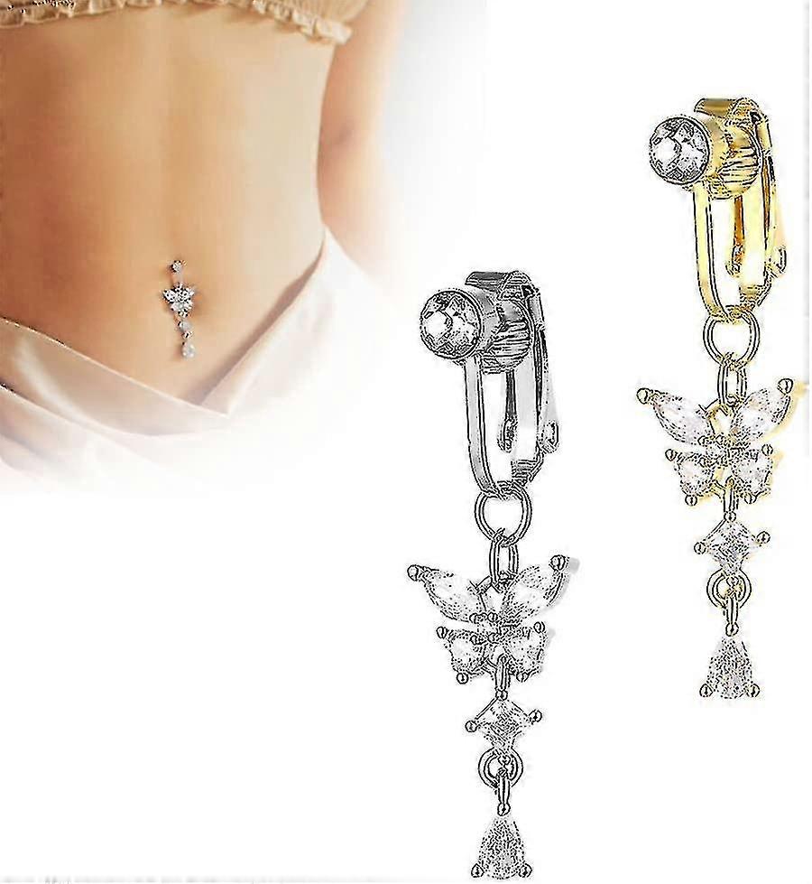 2pcs Lymphadrainage Bellybutton Rings, Acupressure Magnetic Slimming Dangle Belly Button Rings, Non Pierced Stainless Steel Body Jewelry