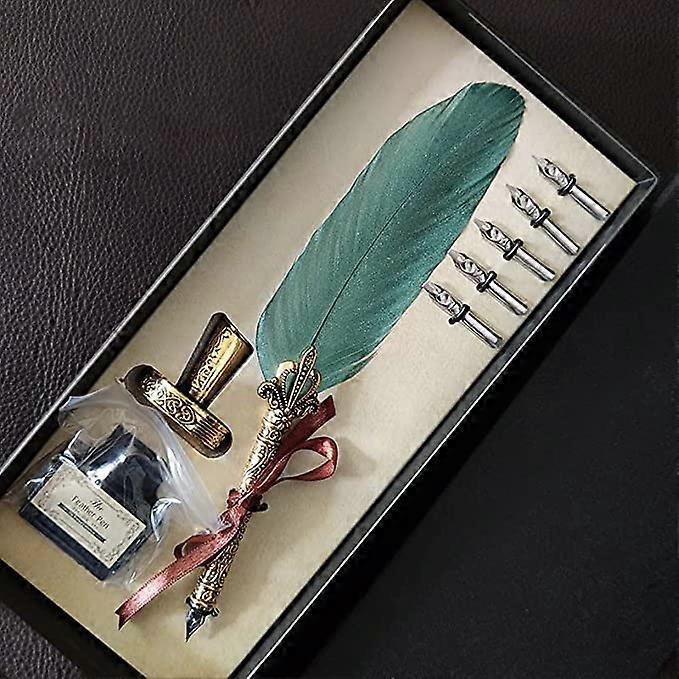 مجموعة قلم ريترية ريشة ، قلم حبر أوروبي كلاسيكي عتيقة طاووس ريشة معدنية قضم القلم الكتابة ريشة تراجع القلم هدية مربع مع 5 قطع استبدال N