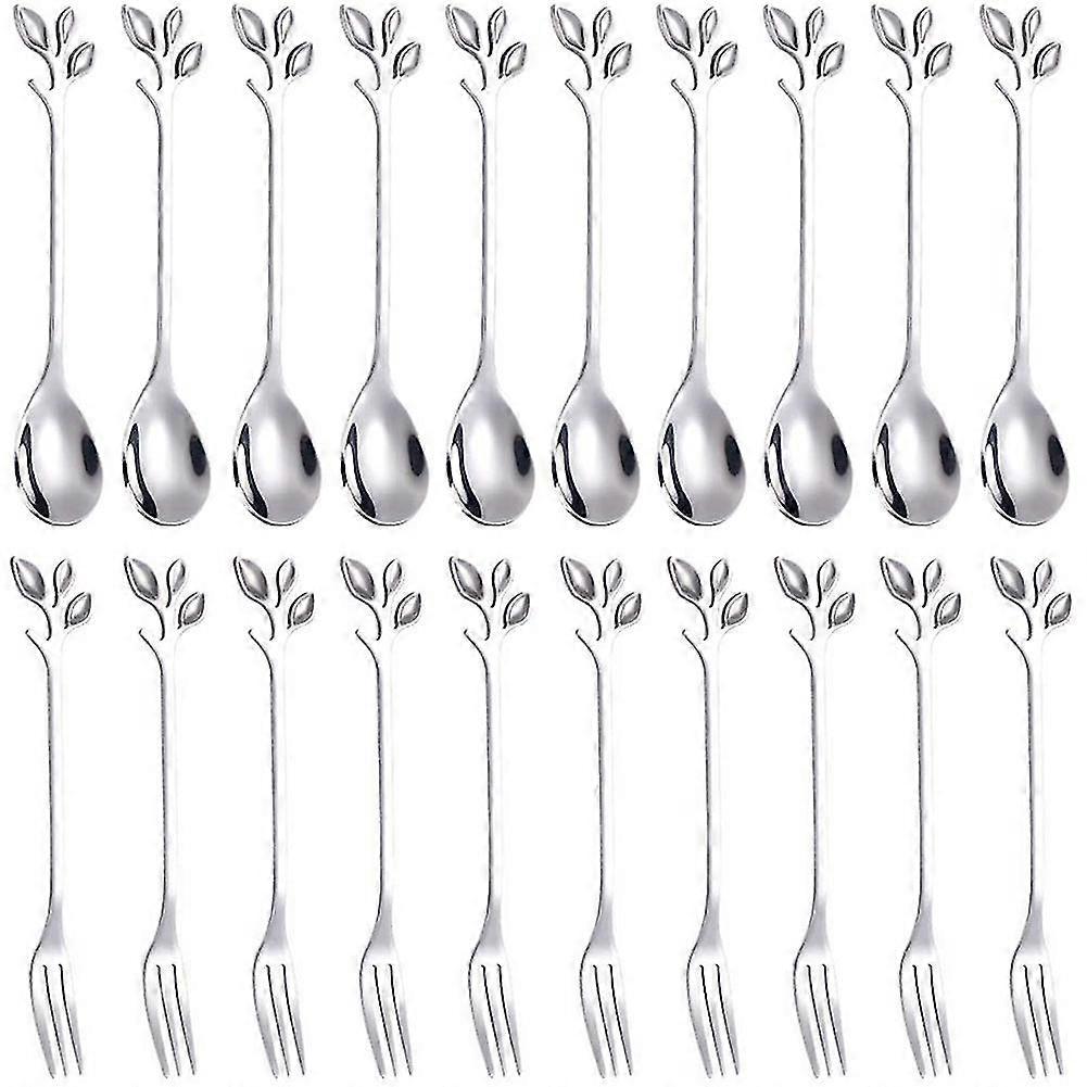 Dessert Spoon Fork Set,20 Pcs 4.7 Inch Cake Fork,coffee Spoon, Silver Leaf Fruit Fork,(10 Spoon + 1