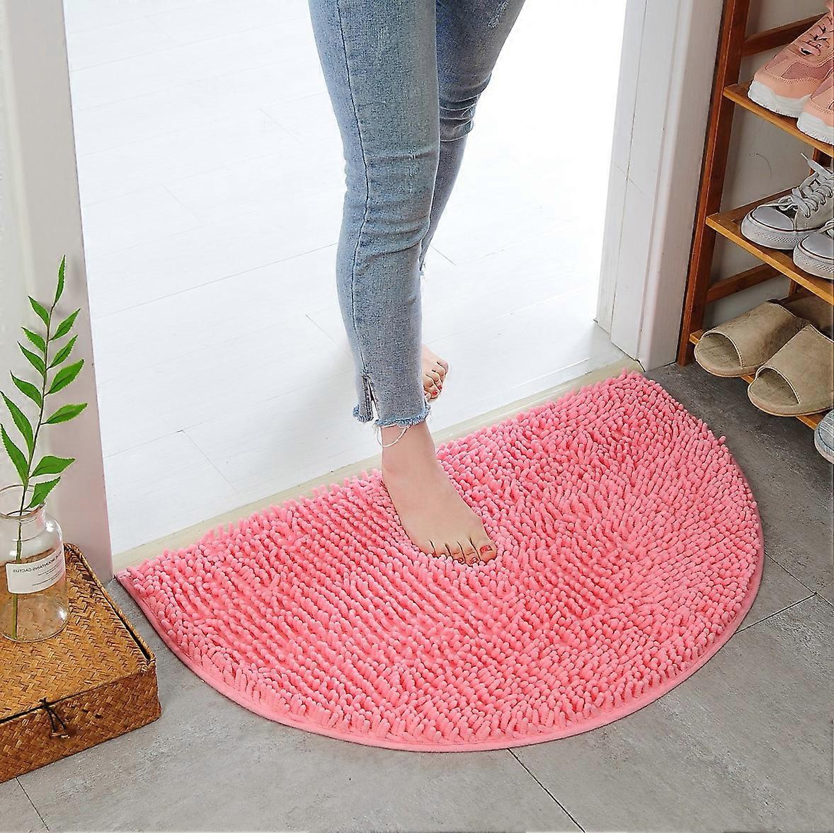 Semicircle Bath Mat, Soft Absorbent Chenille Bath Mat Fluffy Non-Slip Bath Mat Half Moon Bath Mat for Tub Machine Washable -Pink-40*60cm