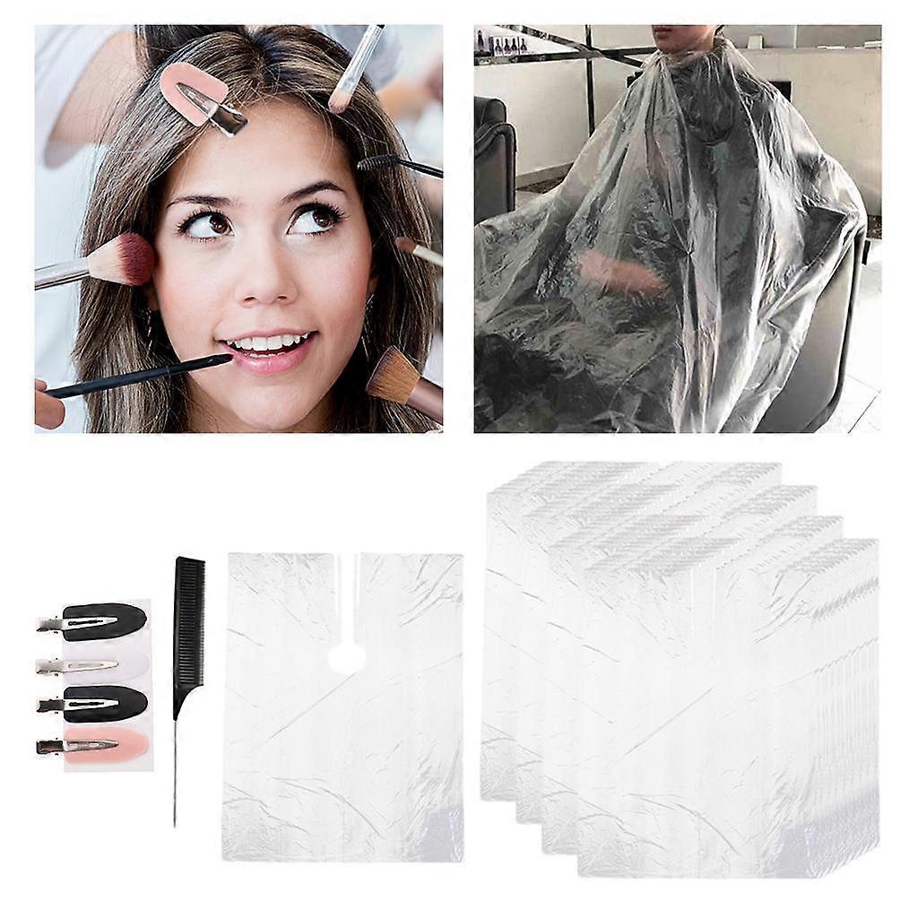 200Pcs Disposable Hair Cutting Cape Clear Gowns Apron W/ Hair Clips And Comb