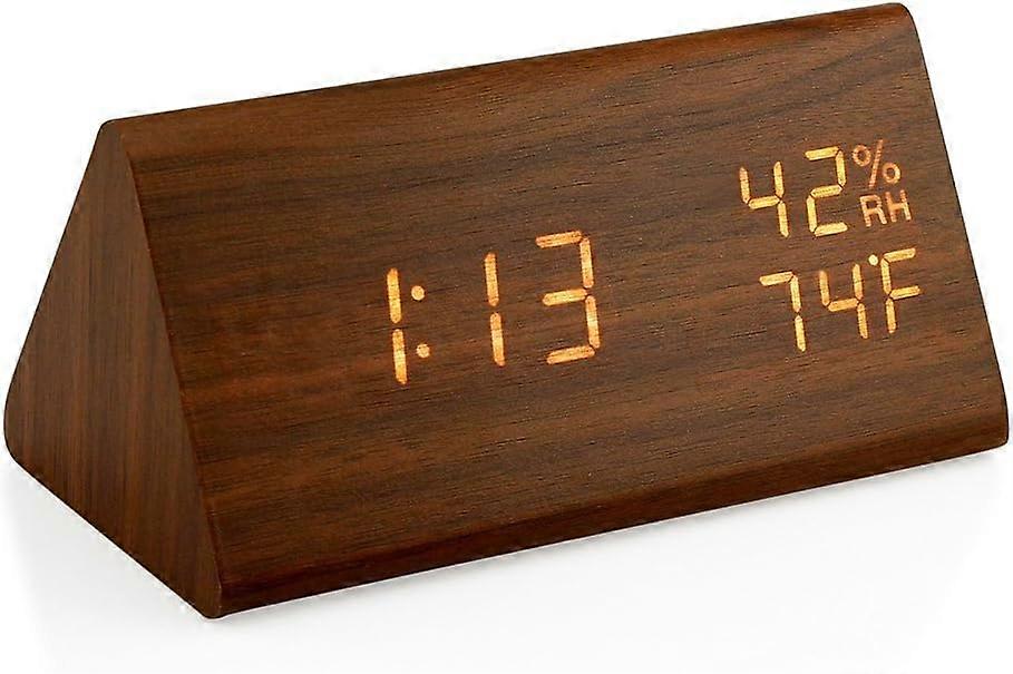 Wooden Alarm Clock, Wood Led Digital Desk Clock, Upgraded With Time Temperature, Adjustable Brightness And Voice Control-Black