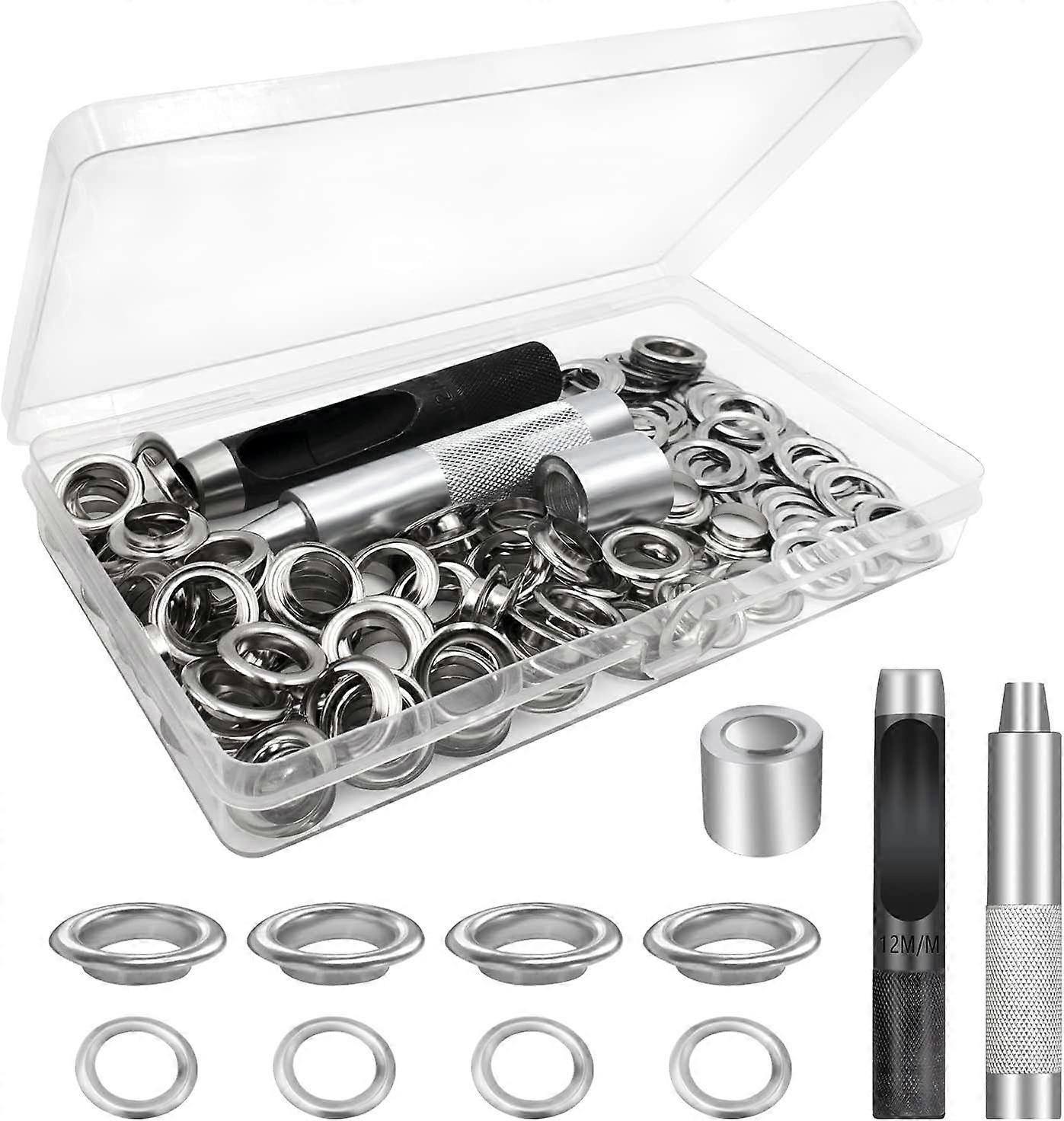 Grommet Tools Kit, 100 Set Eyelets, Eyelets for Tarps, Eyelet Grommets Kit, for Canvas Tarp Tent Repair Silver